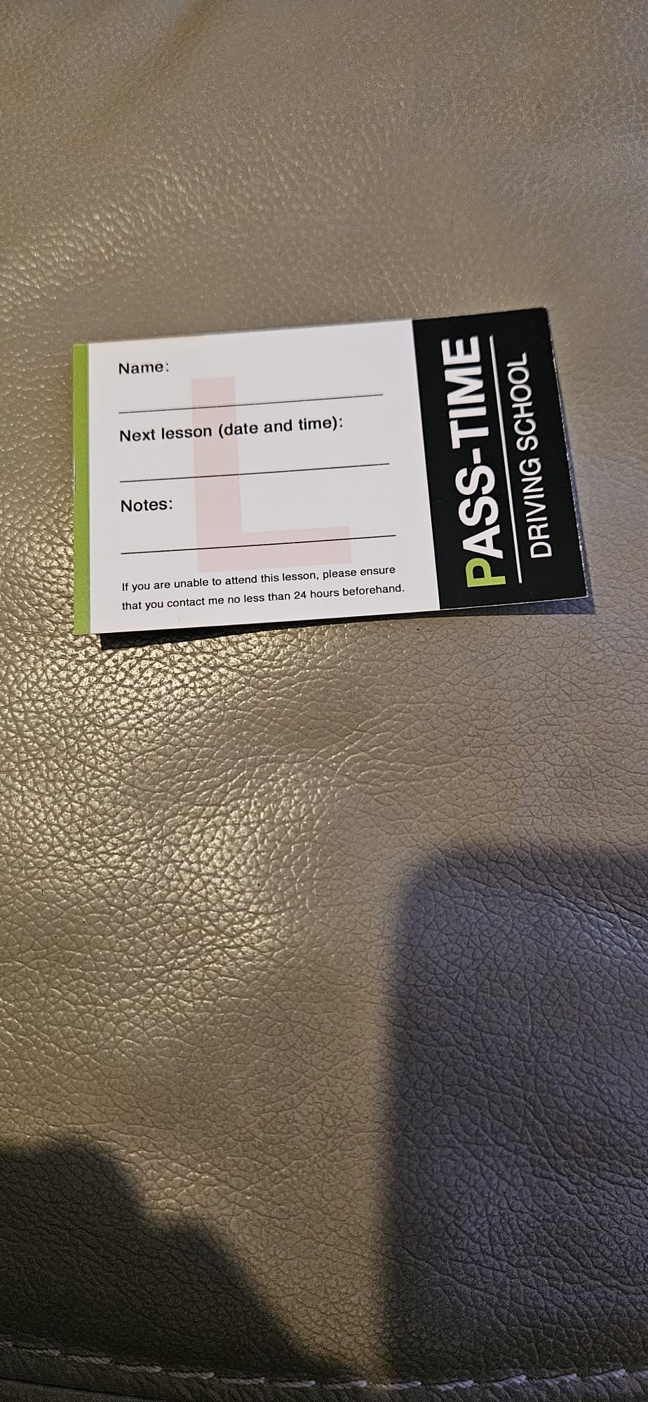 A Pass-Time lesson appointment card
